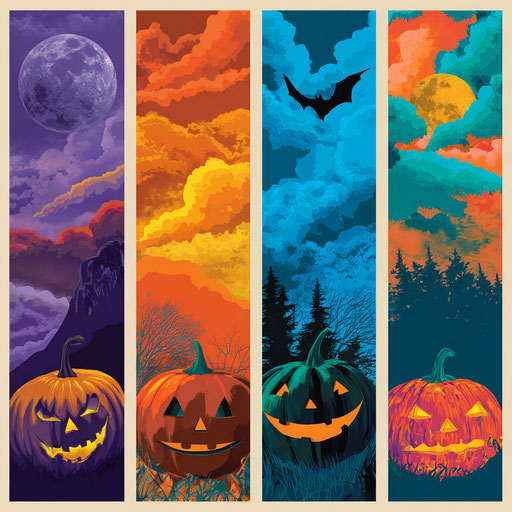 Colorful Halloween Panels Featuring Pumpkin and Bat