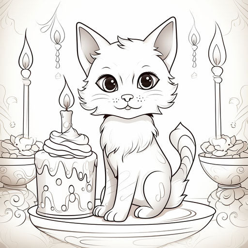 Coloring page of cat with candle and cake, nikon d850 style, youth