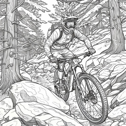 Mountain biker on rocky trail - coloring page