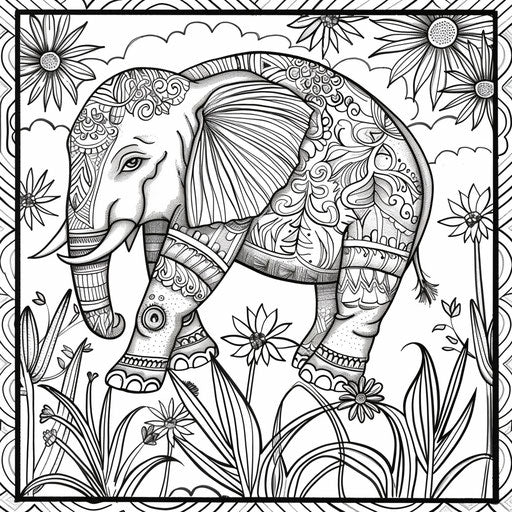 Elephant with whimsical garden background in Johanna Basford coloring book style