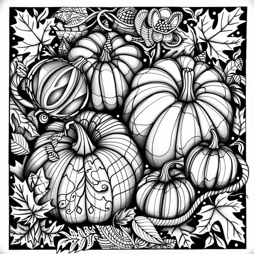 Autumn motifs in a complex zentangle design. Coloring book page