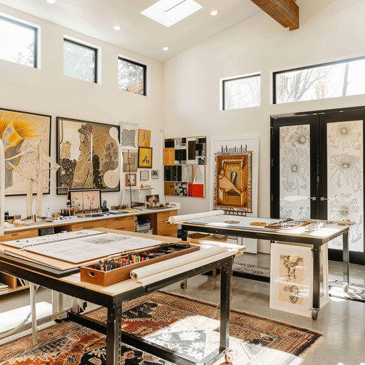 Stylish design studio office with drafting tables and art