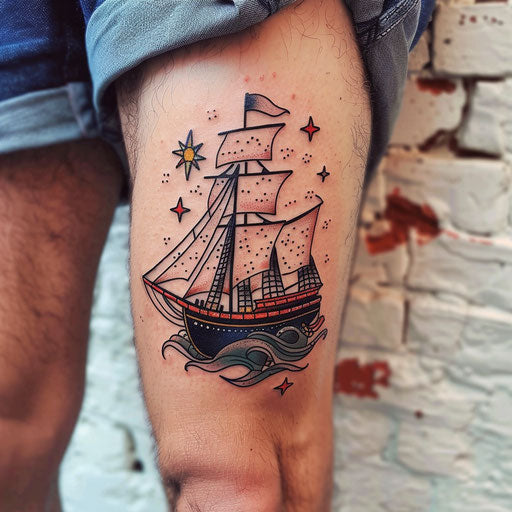 Classic seafaring tattoos with ships and stars