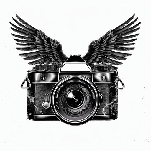 Camera clipart in photo realistic style with detailed wings