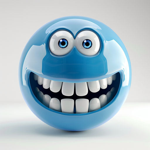 Blue smiley face with white teeth on pure white background