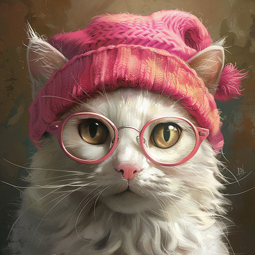 Cat with glasses and a pink beanie