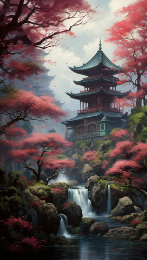 Japanese garden by the art of the city full of red trees