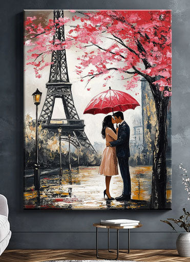 Romantic painting of the Eiffel Tower with a couple kissing under an umbrella