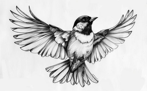 Black and white drawing of a bird, tattoo style, symmetrical