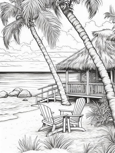 Ocean scene with palm trees and umbrella