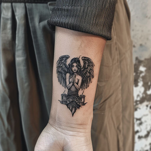 Small wrist tattoos of a dark angel, in the style of Gerald Brom