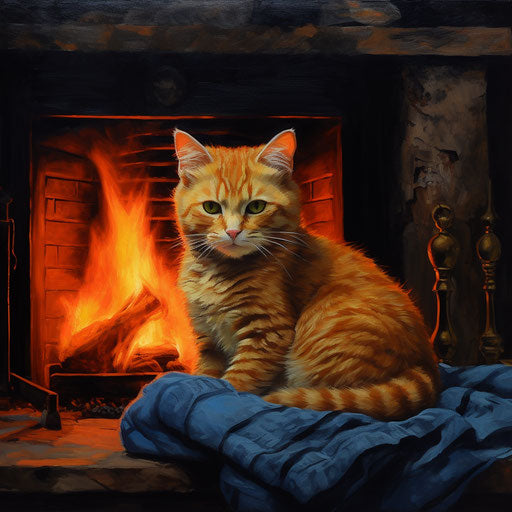 Orange cat in front of a fire in a fireplace