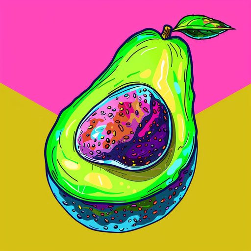 Flat tattoo sketch of avocado with vibrant neon color palette