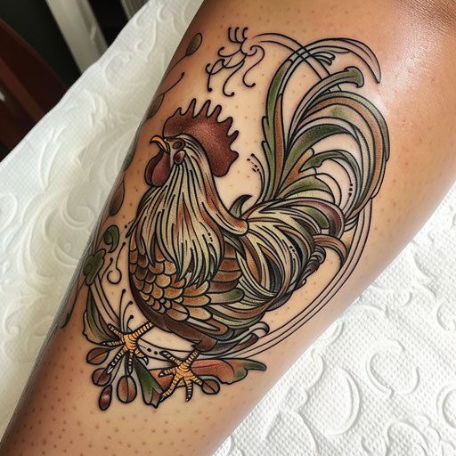 Art Nouveau rooster tattoo, elegant curves on white base