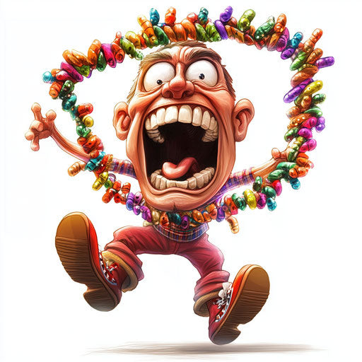 Humorous caricature of a Christmas garland with human characteristics