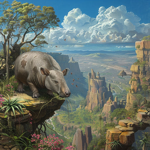 Tapir with expansive landscape backdrop, awe-inspiring view, in the style of Marsel van Oosten