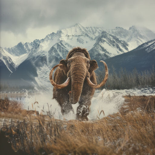 Woolly mammoth charging in the tundra