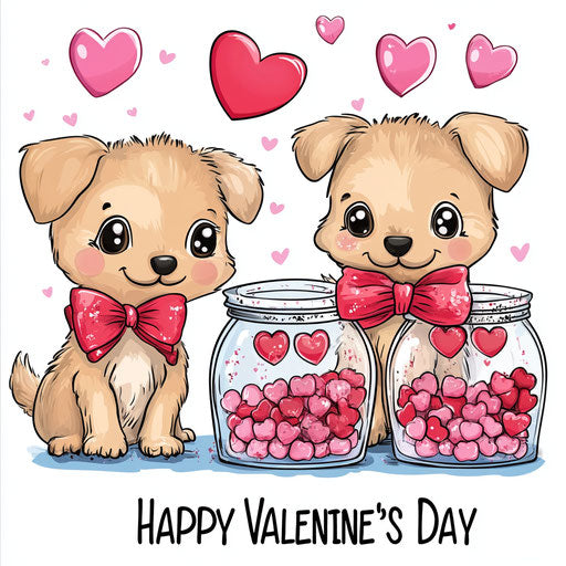 Adorable puppies with red bows and heart candies