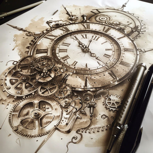 Steampunk tattoo design with gears and clocks