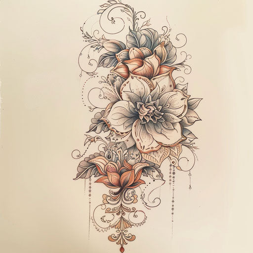 Serene lace tattoo sketch with soft, muted colors and elegant linework