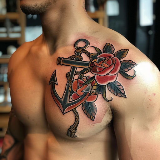 Bold traditional anchors and roses on the shoulder