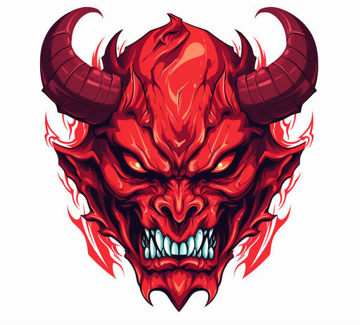 Red devil's head on white background in vibrant neo-traditional style