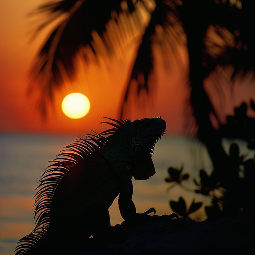 Iguana against sunset on tropical island