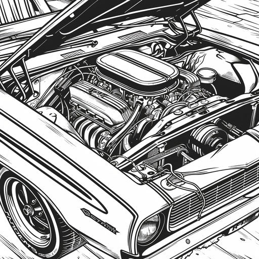 Detail of a powerful muscle car with engine details. Coloring book page