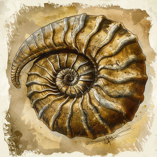 Rustic tattoo sketch of a fossilized ammonite shell