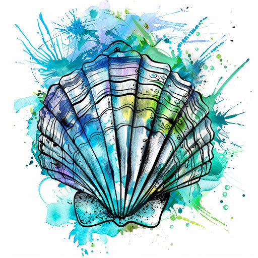 Vibrant tattoo sketch of a scallop shell with watercolor splashes in blues and greens, clipart style