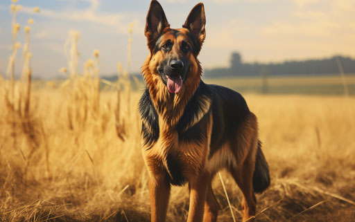 German shepherd dog in a field, unique facial features