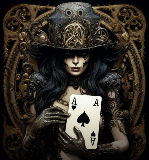 Dead woman playing an ace of spades with her head and arms