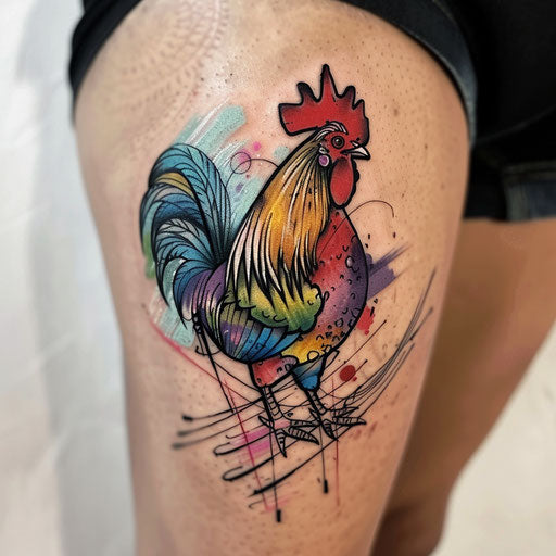 Bold rooster tattoo inspired by graffiti on white backdrop