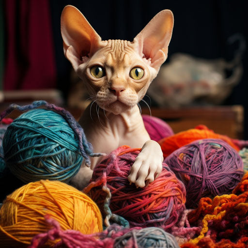 Devon rex cat playing with yarn