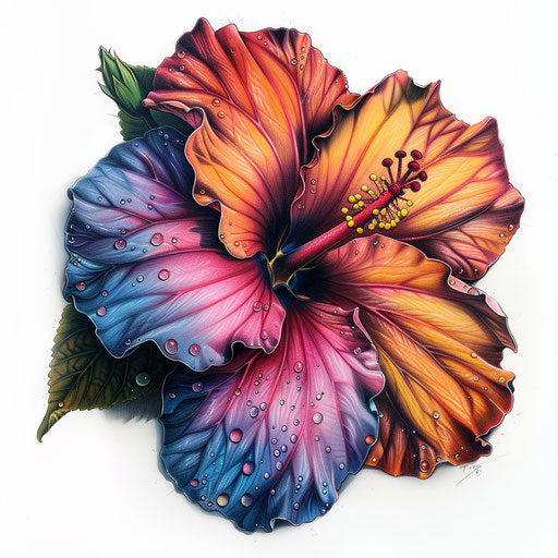 Hyper-realistic drawing of hibiscus tattoo with dew drops on petals, vivid colors on white background