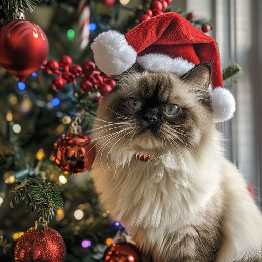 Himalayan cat with a Christmas hat by a decorated tree
