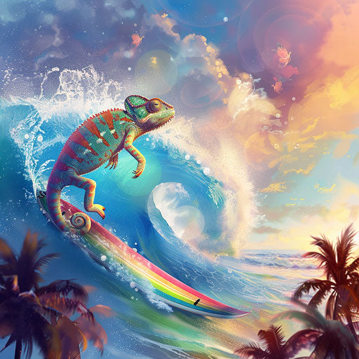 Chameleon riding rainbow wave in tropical paradise