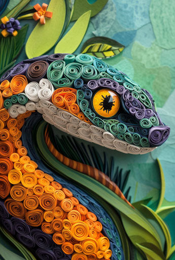 3D Paper Quilling art of a colorful and detailed snake