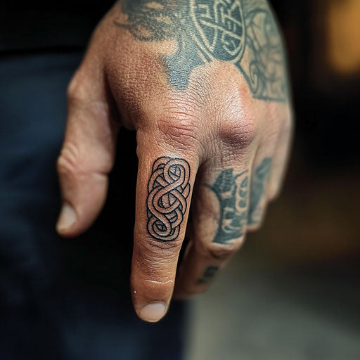 Small finger tattoos in the style of Glenn Fabry with intricate Celtic knots