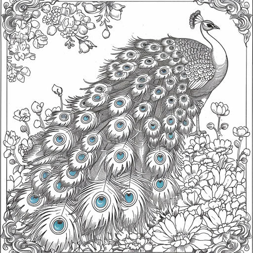 Elaborate peacock with full feathers in floral setting. Coloring book page