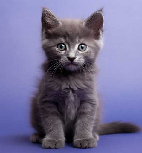 Black and grey kitten isolated on white background, in the style of mona hatoum