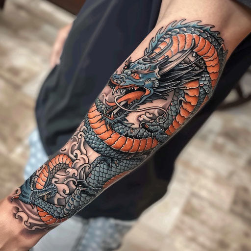 Forearm tattoo for men with a dragon, in the style of Ami James
