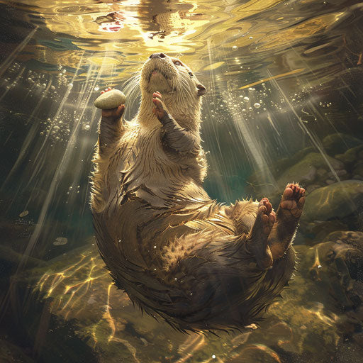 Otter floating in sunlight with a stone
