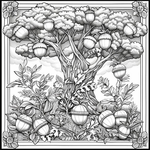 Whimsical scene of acorns dancing under a tree. Coloring book page