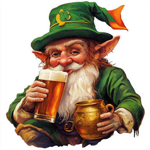 St. Patrick's Day dwarf drinking beer, gold pots, Irish flag