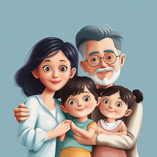Realistic happy family illustration on light blue background
