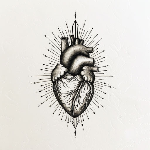 Anatomical heart tattoo in art deco style on white background