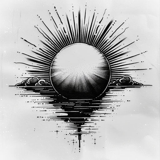 Flat tattoo sketch of a rising sun with minimalist black and grey shading