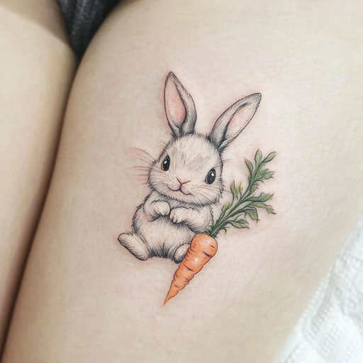 Flat tattoo sketch with bunny and carrot in soft colors