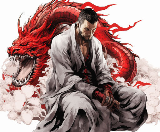 Man in costume with dragon tattoo, silver and red style